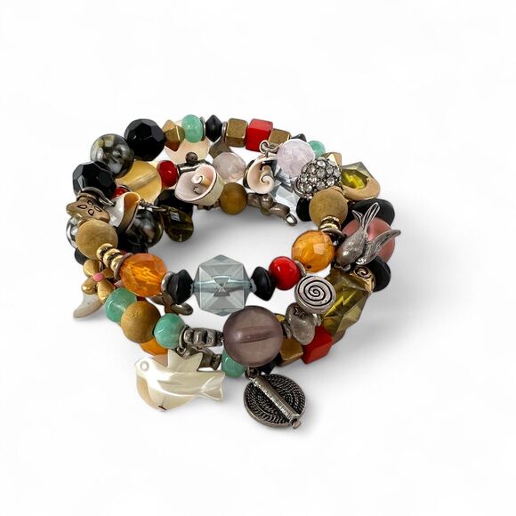 Bracelet Lot 6 Wire Coil Wrap Beaded Iridescent Colorful Charms Rhinestones - Picture 12 of 13